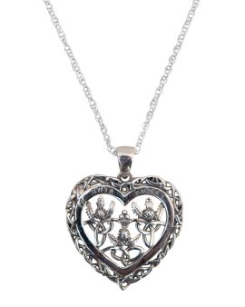  A silver necklace with a heart-shaped pendant. Inside the pendant are three thistles and celtic knots. On the top of the pendant are the words 'Je Suis Prest.'